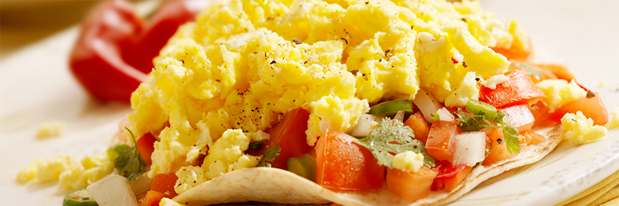 Shot of a toasted tortilla topped with fresh salsa and scrambled eggs displayed on a white stoneware plate.
