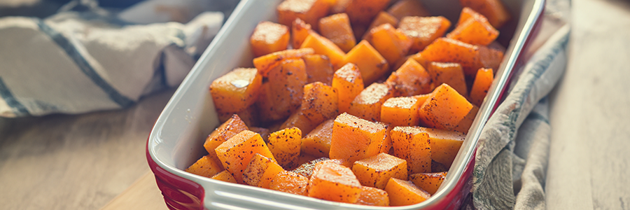 Maple Cinnamon Butternut Squash in a red and white pan