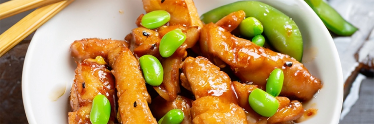 Pollo fácil a la miel y ajo con edamame