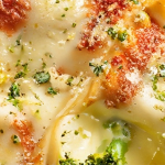 A close up shot of a baking dish with lasagna noodles stuffed with broccoli and cheese. Top is garnished with melted mozzarella and broccoli florets.