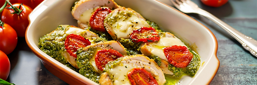 Wide shot of a baking dish with baked chicken breasts topped with bail pesto, fresh mozzarella, and slices of tomato.