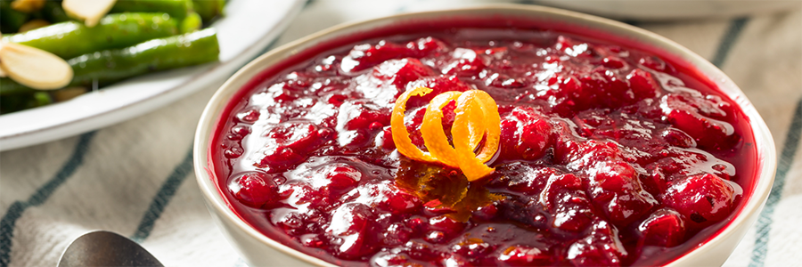 Shot of a stoneware bowl containing cranberry sauce with bits of fresh cranberries. Sauce is garnished with orange zest.