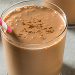 Wide shot of a table with a clear glass with a chocolate banana shake and straw. There is a ripe banana and small bowl of cocoa displayed nearby.
