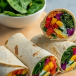 Wide shot of colorful veggie wraps displayed on a cutting board.
