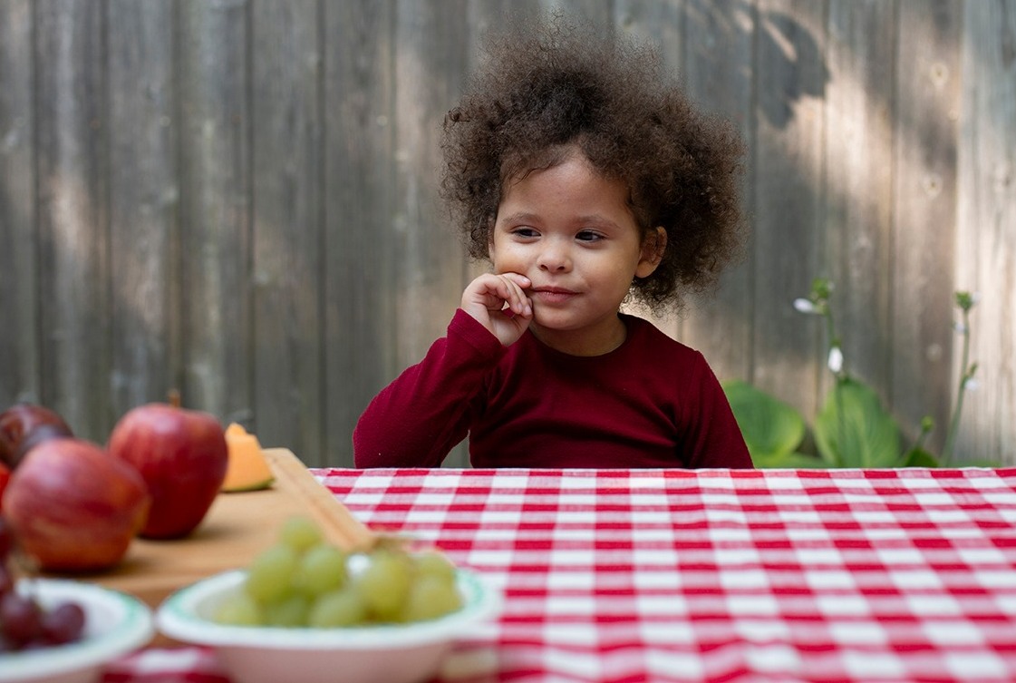 499837827_10162478716929291_5452380801220048201_n A small child at a table with gingham table cloth. The table is det with fruit like apples, melon, and grapes. The child is looking at the fruit, contemplating.