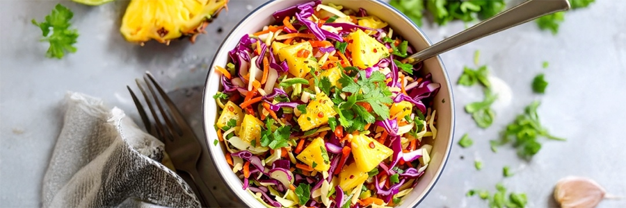 Overhead shot of a bowl of slaw with shredded cabbage and pineapple.