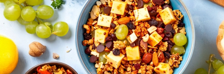 Overhead shot of a bowl with a mix of grapes, chocolate chips, nuts, and cubed cheese.