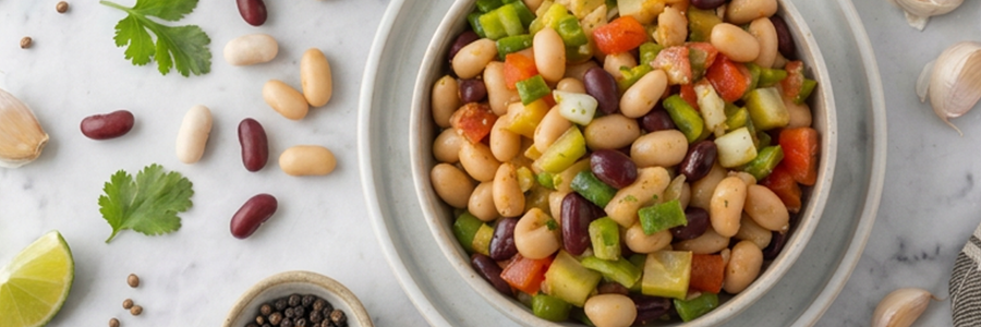 Shot of a salad with green beans, red kidney beans, edamame.