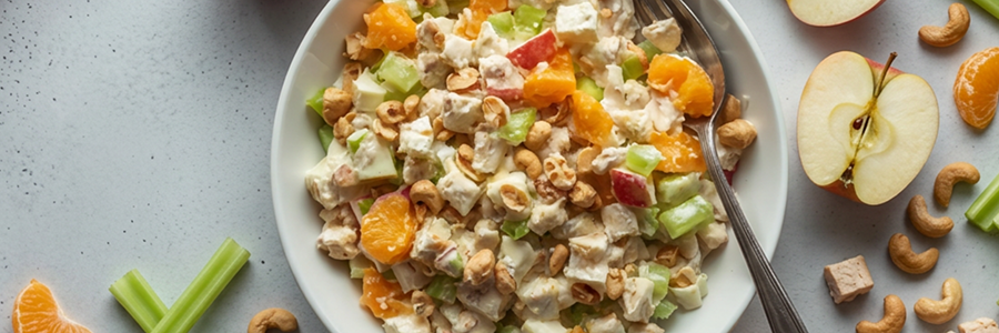 Overhead shot of a bowl with chopped apples, oranges, celery, and peanuts in a yogurt dressing. Bowl is displayed with apples haves and celery ribs.