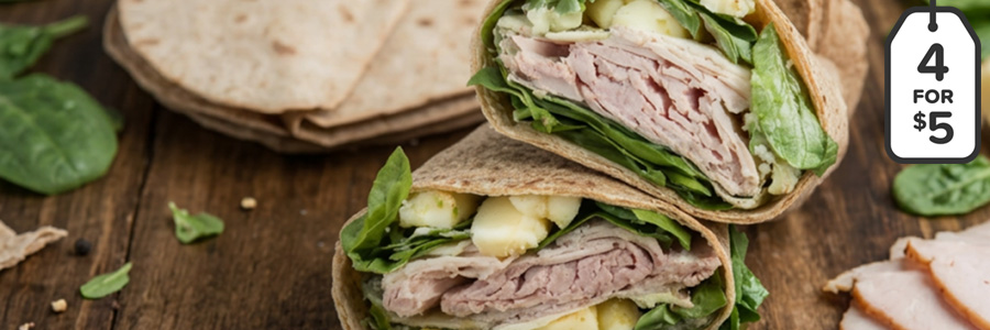 Close up of a turkey wrap with chopped apples and spinach.