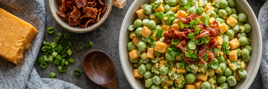 Overhead shot of a bowl of pea salad with cheddar cheese, garnished with chopped bacon. Salad is displayed next to a small bowl of crumbled bacon.