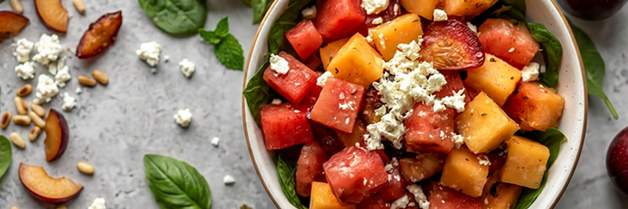 Overhead shot of a spinach salad with cubed watermelon, cantaloupe, and sliced plums, topped with crumbled feta cheese.