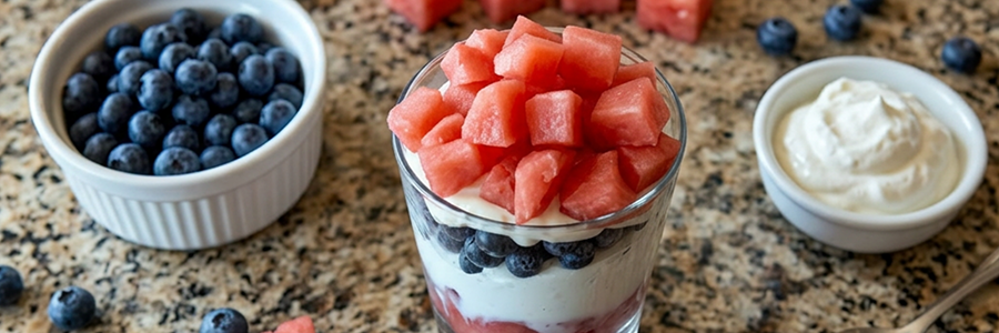 Dessert dish filled with layers of watermelon, whipped topping, and blueberries. Displayed with bowls of fruit.